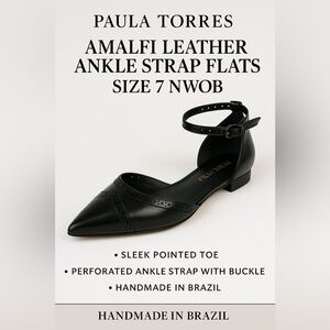 Paula Torres Amalfi Flats Black Leather Ankle Strap Pointed Toe Size 7 NWOB